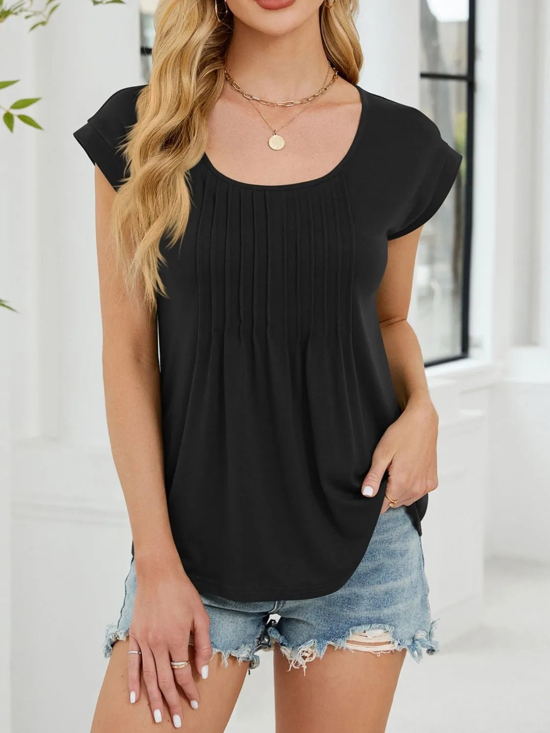 Pleated Front Scoop Neck T-Shirt - Lookzlike