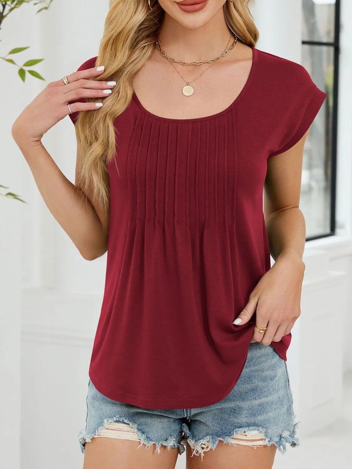 Pleated Front Scoop Neck T-Shirt - Lookzlike