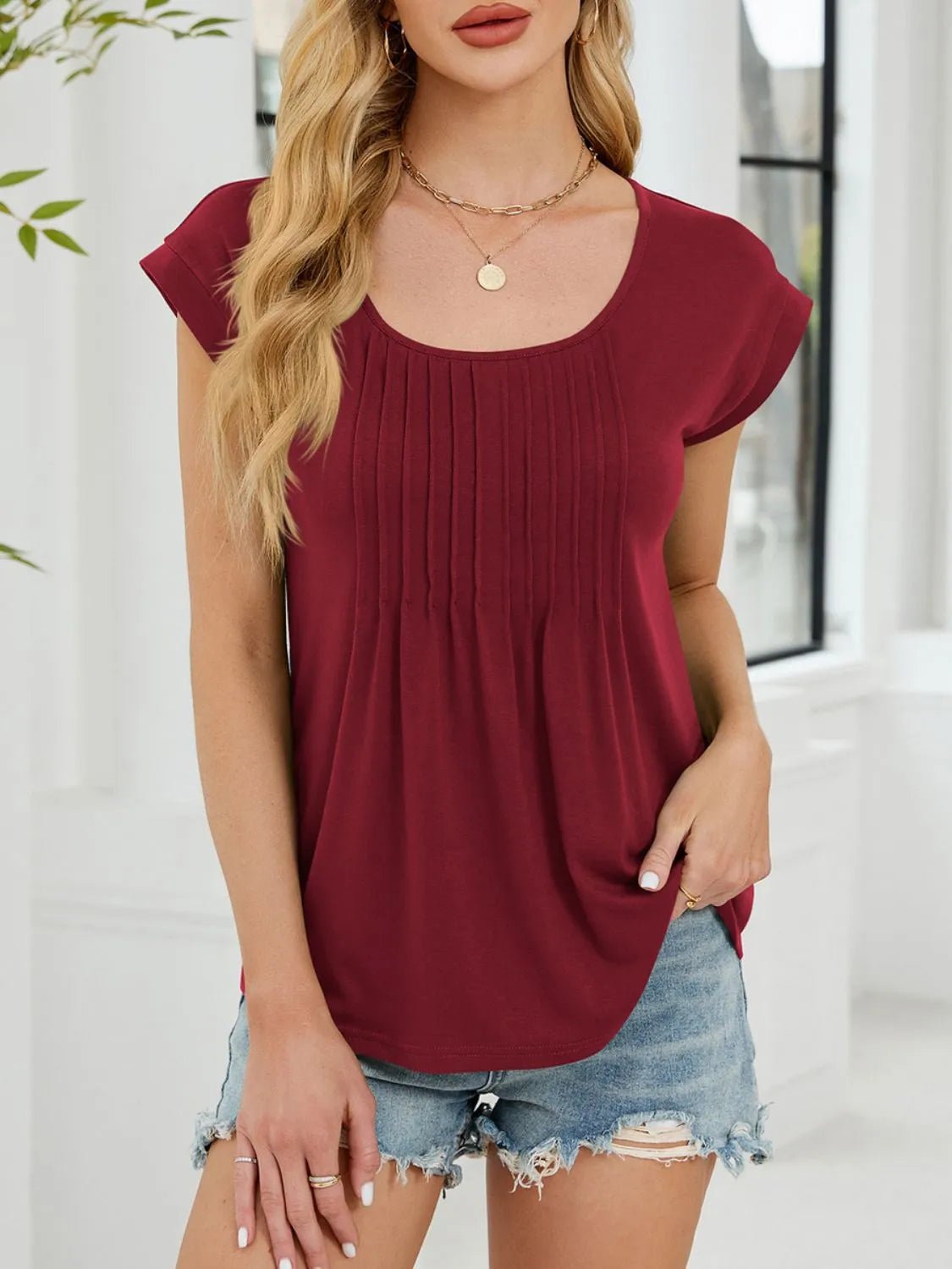 Pleated Front Scoop Neck T-Shirt - Lookzlike