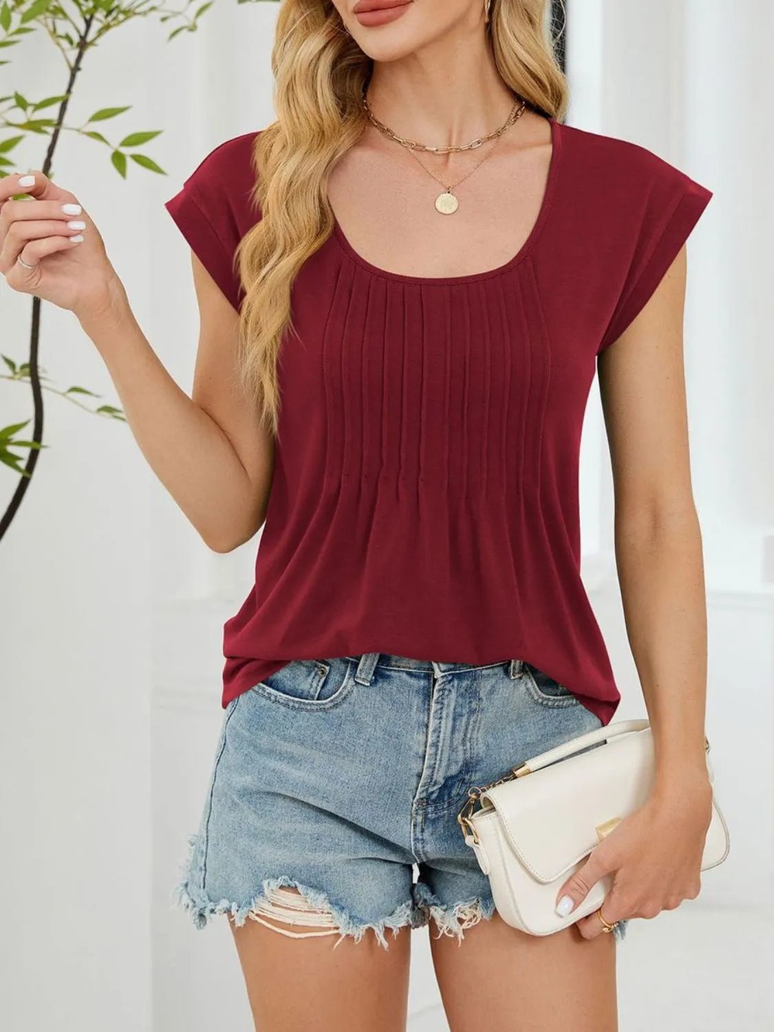 Pleated Front Scoop Neck T-Shirt - Lookzlike