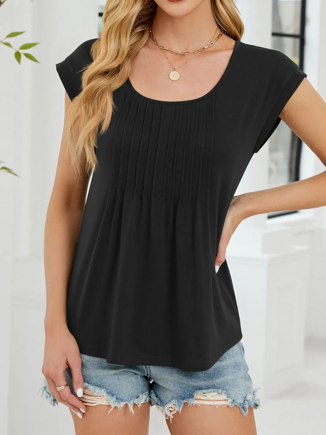 Pleated Front Scoop Neck T-Shirt - Lookzlike