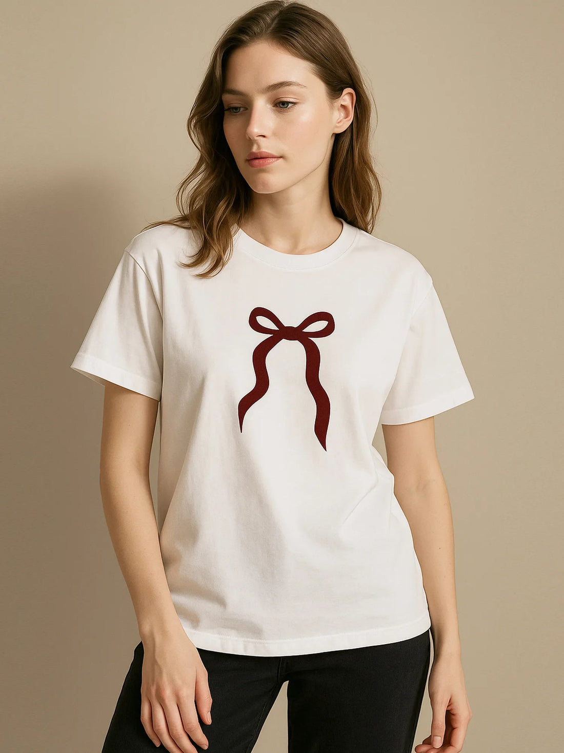 Plus Size Bow Round Neck Short Sleeve T-Shirt - Lookzlike