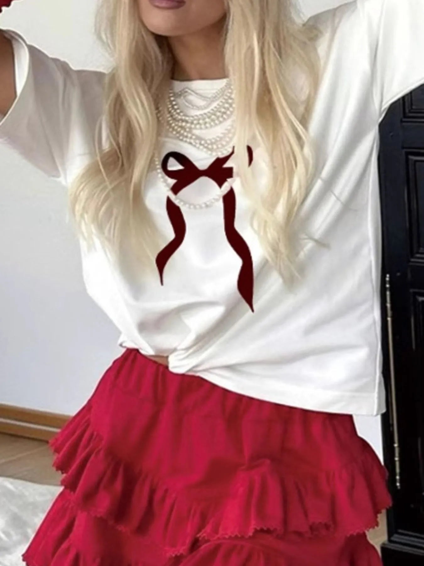 Plus Size Bow Round Neck Short Sleeve T-Shirt - Lookzlike