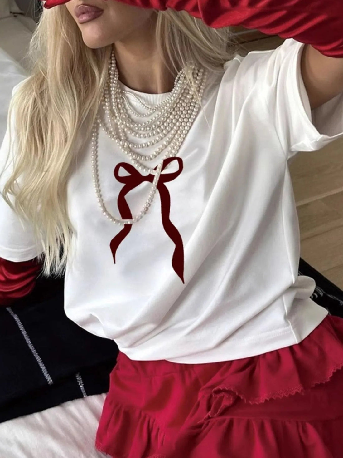 Plus Size Bow Round Neck Short Sleeve T-Shirt - Lookzlike
