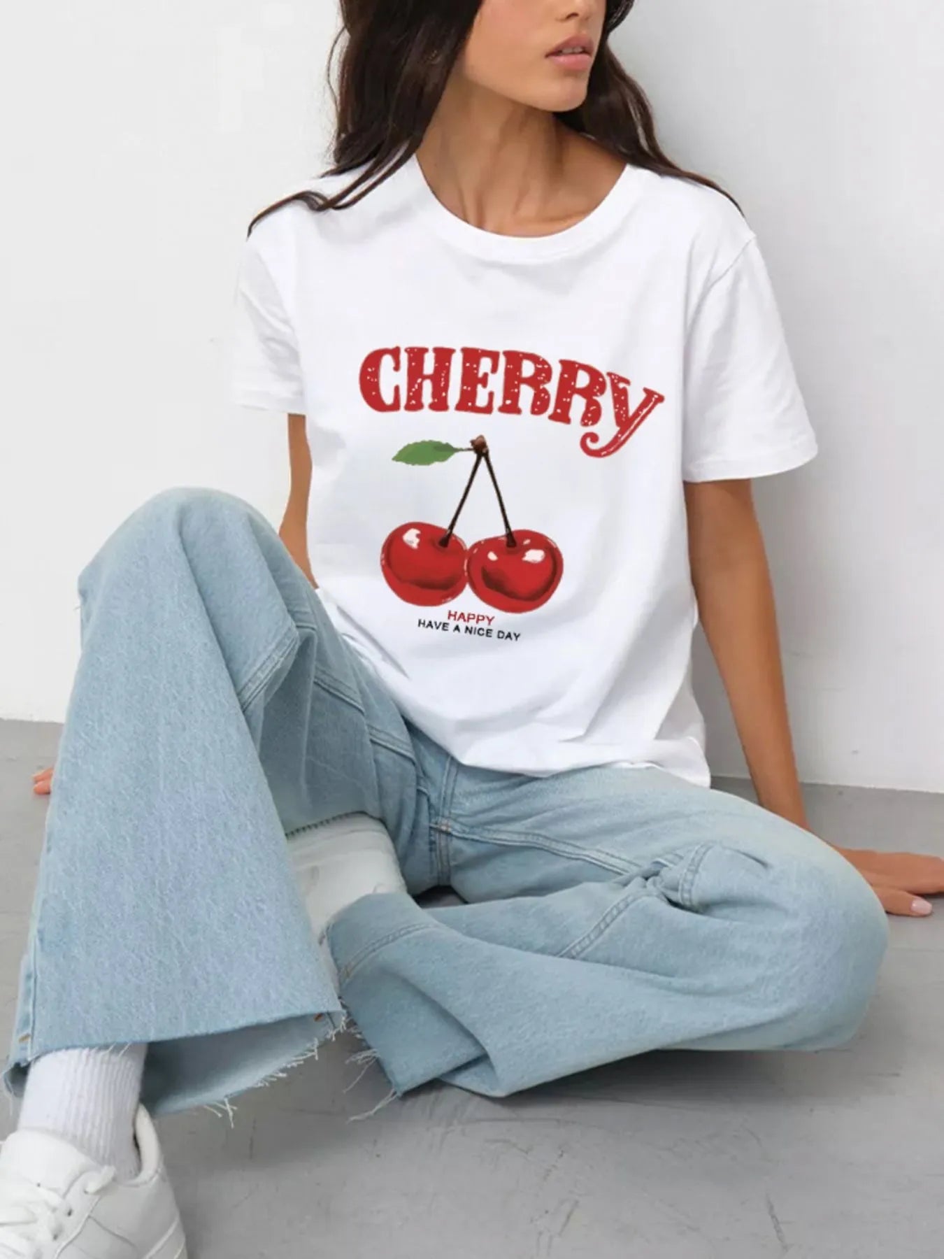 Plus Size Cherry Graphic Round Neck Short Sleeve T-Shirt - Lookzlike