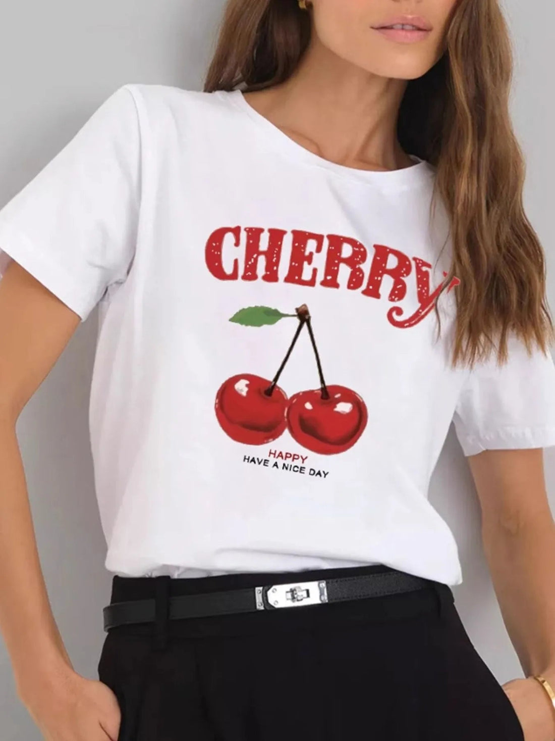 Plus Size Cherry Graphic Round Neck Short Sleeve T-Shirt - Lookzlike