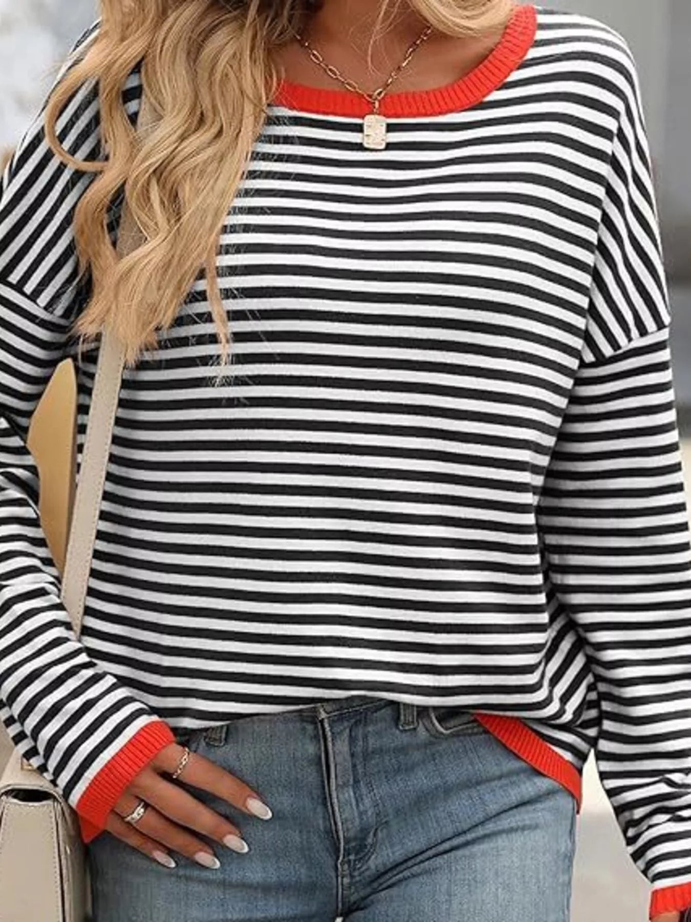 Plus Size Contrast Striped Long Sleeve Sweater designed for comfort and style at Lookzlike