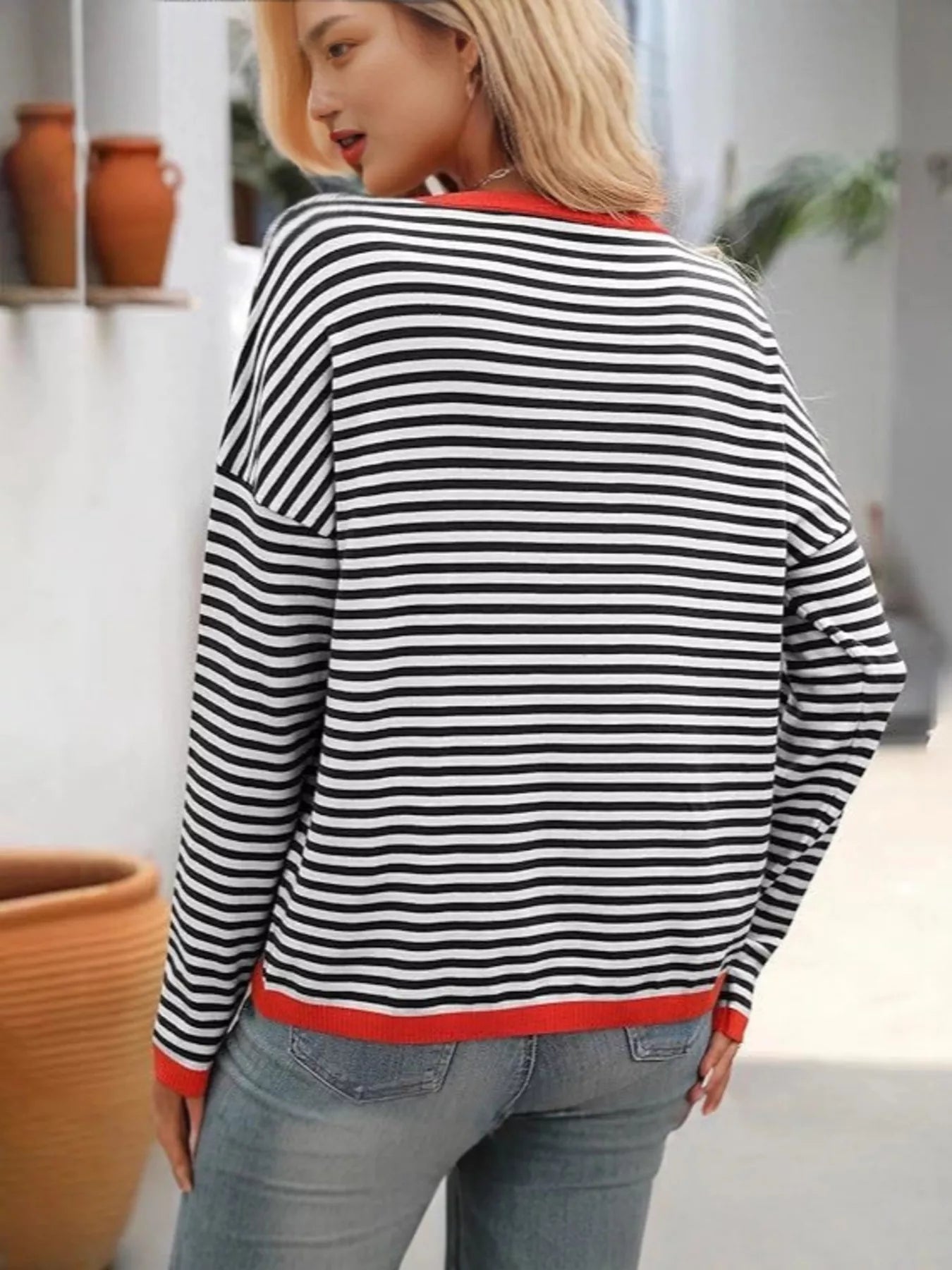 Plus Size Contrast Striped Long Sleeve Sweater designed for comfort and style at Lookzlike
