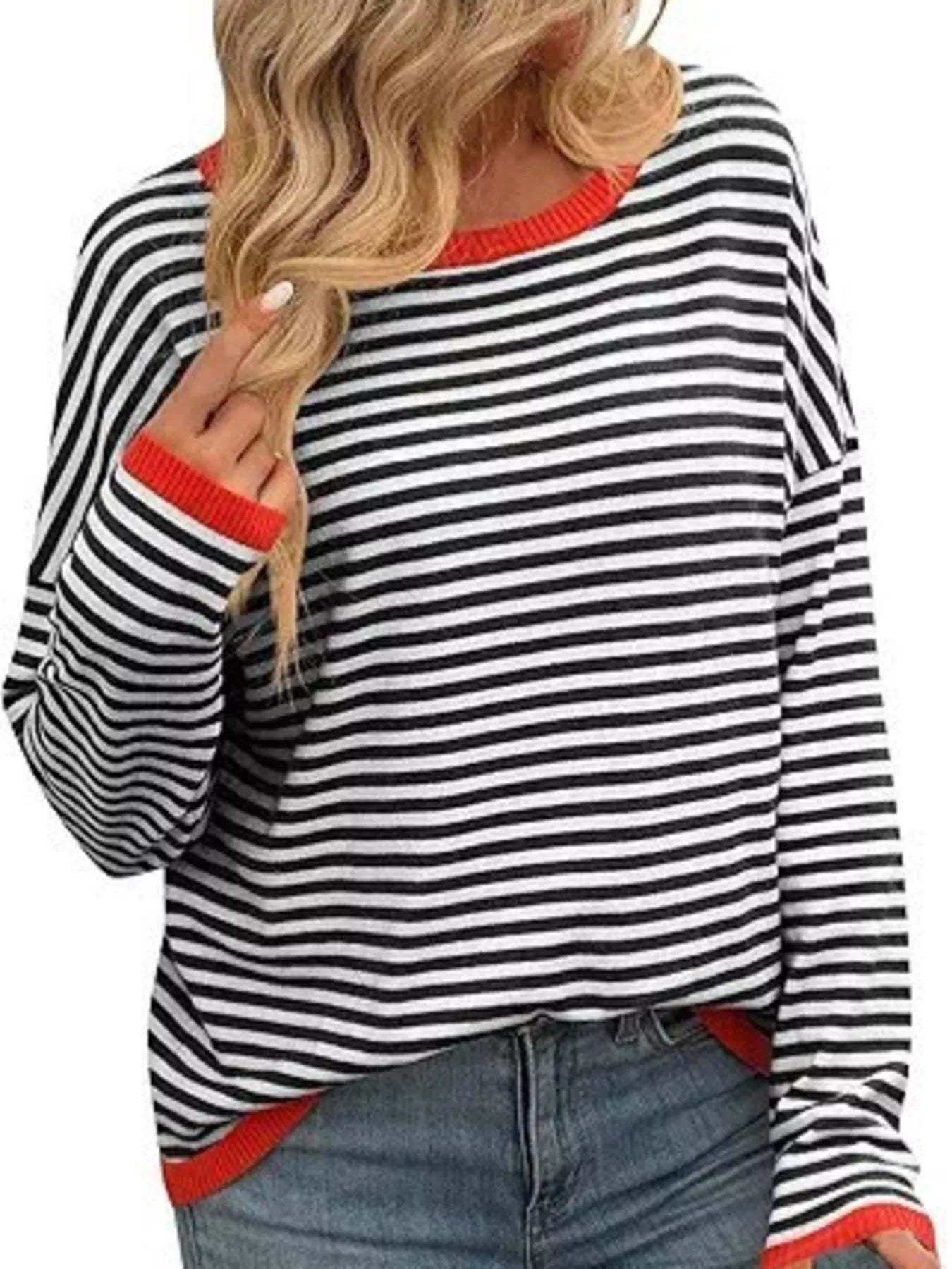 Plus Size Contrast Striped Long Sleeve Sweater designed for comfort and style at Lookzlike