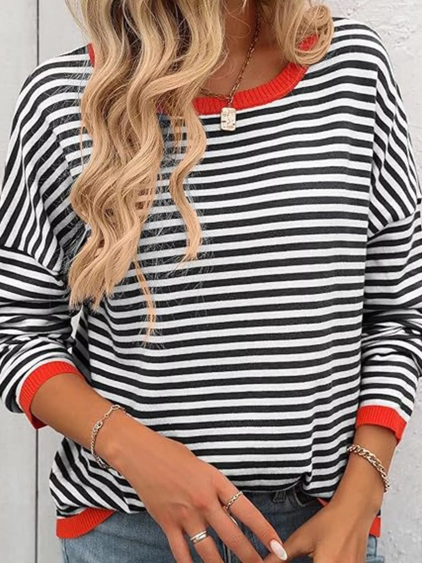 Plus Size Contrast Striped Long Sleeve Sweater designed for comfort and style at Lookzlike