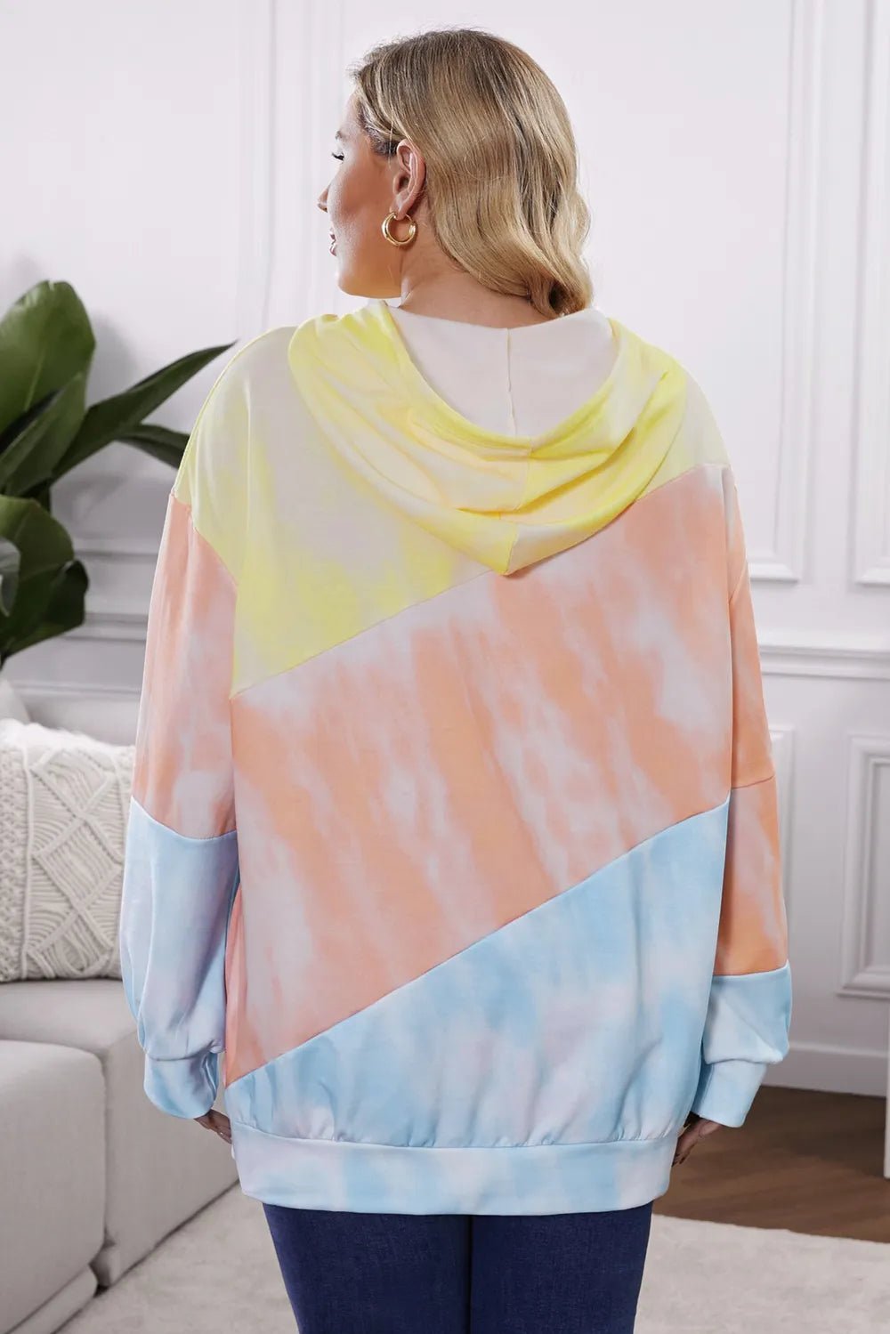 Plus Size Drawstring Color Block Dropped Shoulder Hoodie - Lookzlike