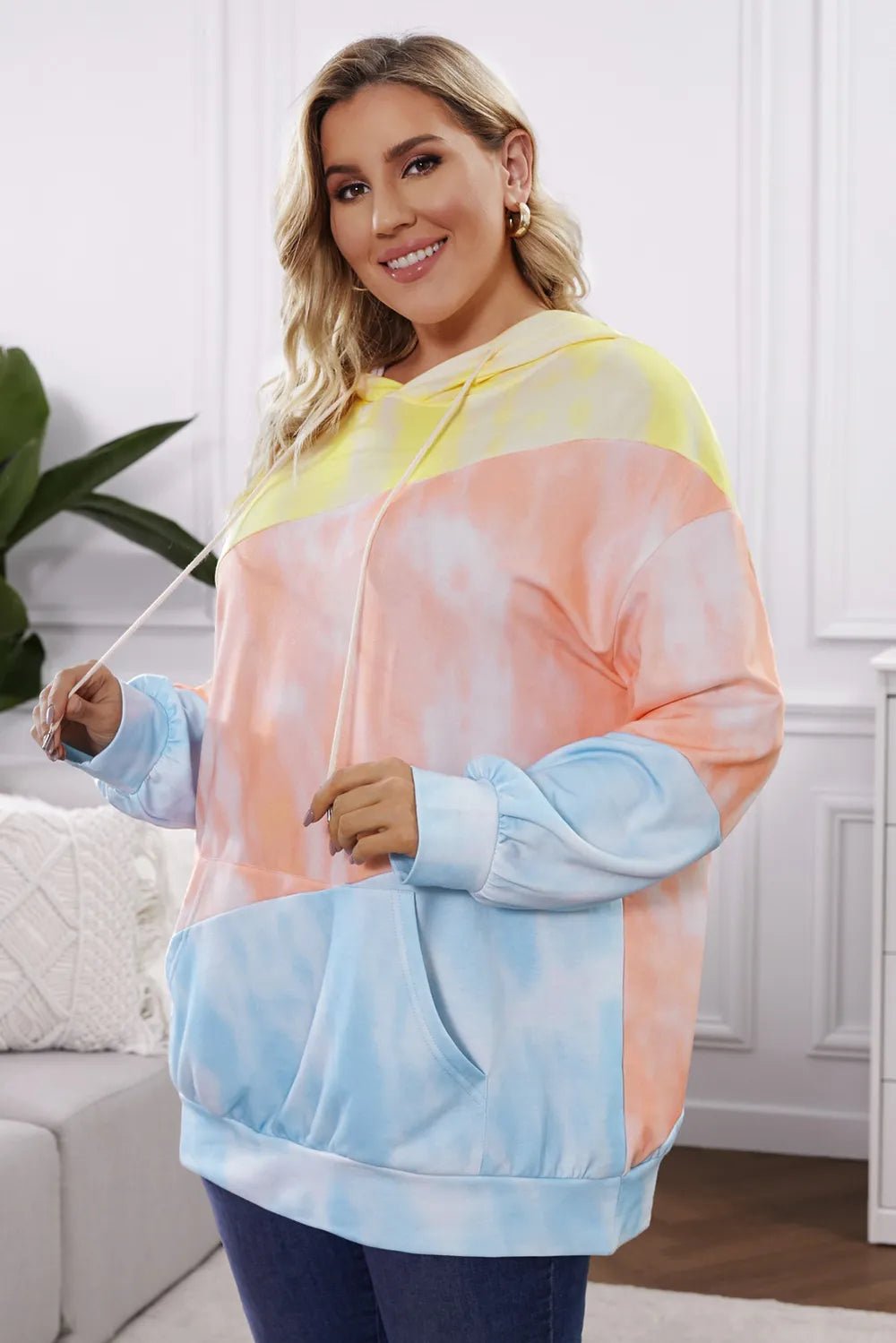 Plus Size Drawstring Color Block Dropped Shoulder Hoodie - Lookzlike