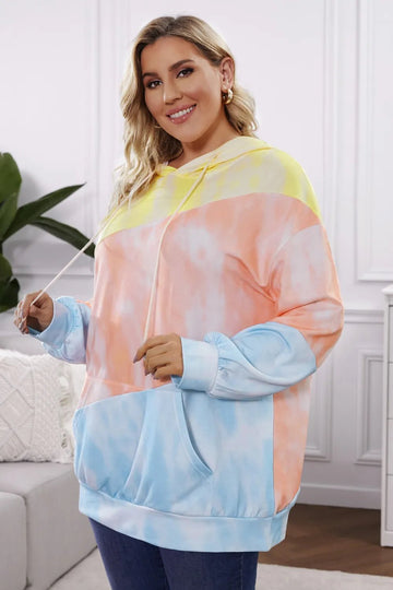 Plus Size Drawstring Color Block Dropped Shoulder Hoodie - Lookzlike