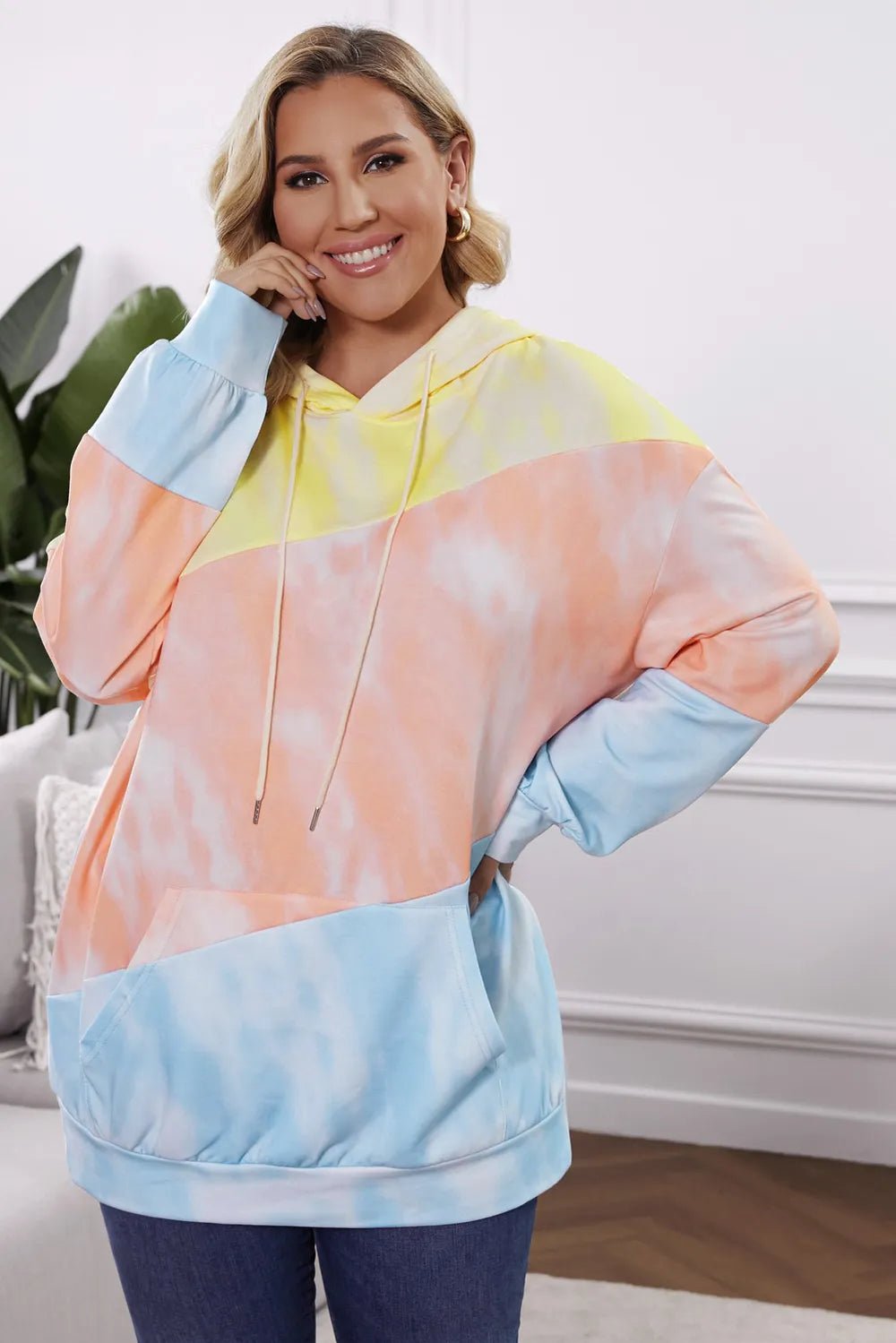 Plus Size Drawstring Color Block Dropped Shoulder Hoodie - Lookzlike