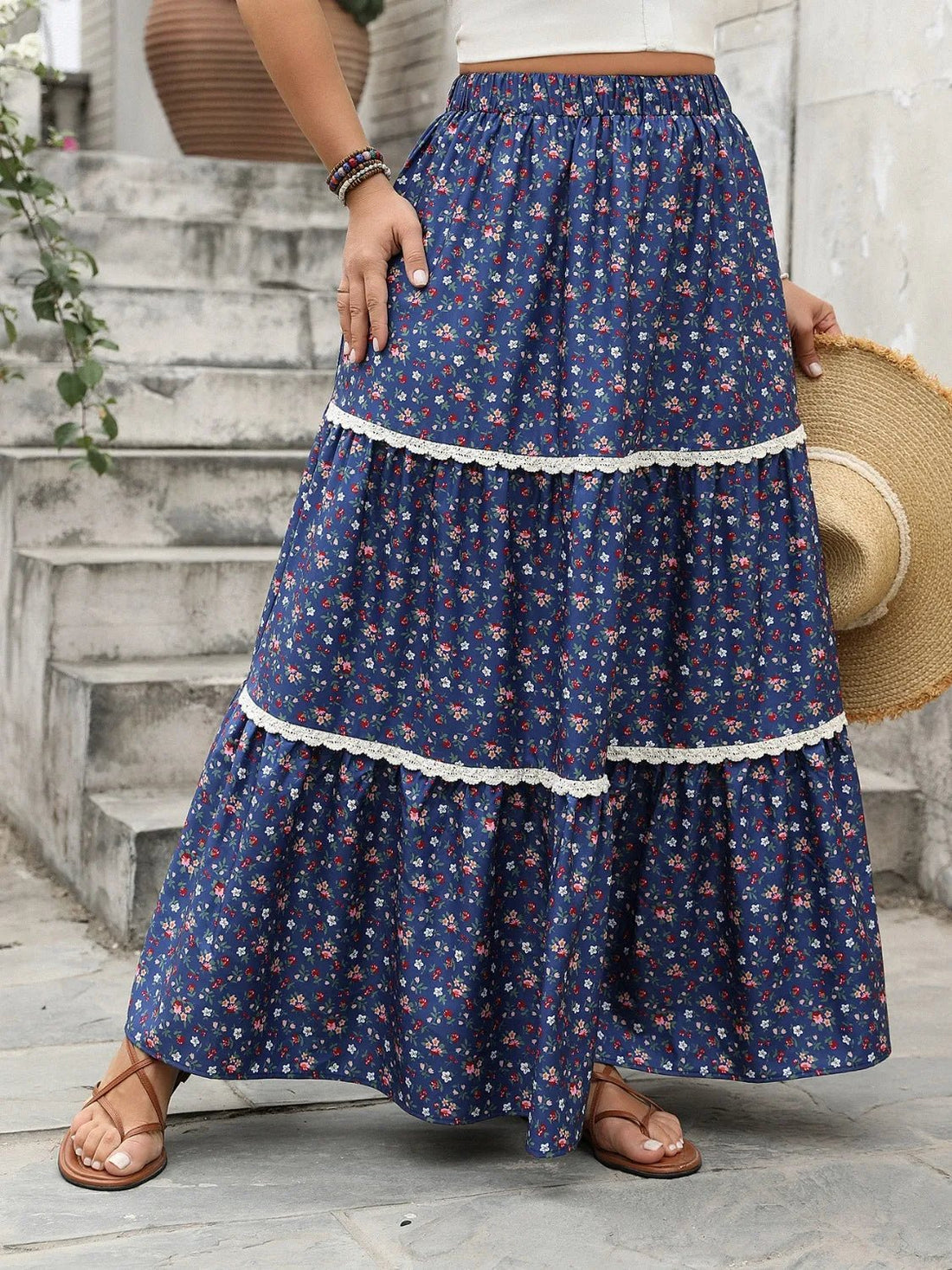 Plus Size Floral Elastic Waist Maxi Skirt designed for comfort and style at Lookzlike