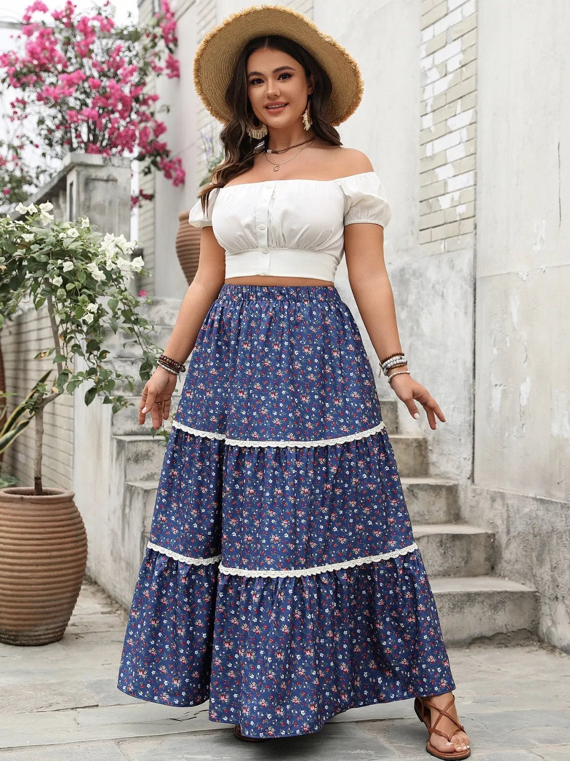 Plus Size Floral Elastic Waist Maxi Skirt designed for comfort and style at Lookzlike