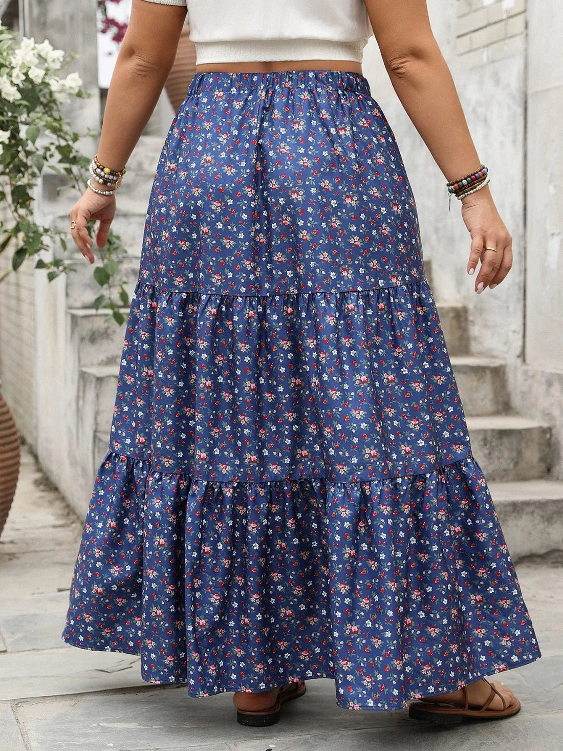 Plus Size Floral Elastic Waist Maxi Skirt designed for comfort and style at Lookzlike