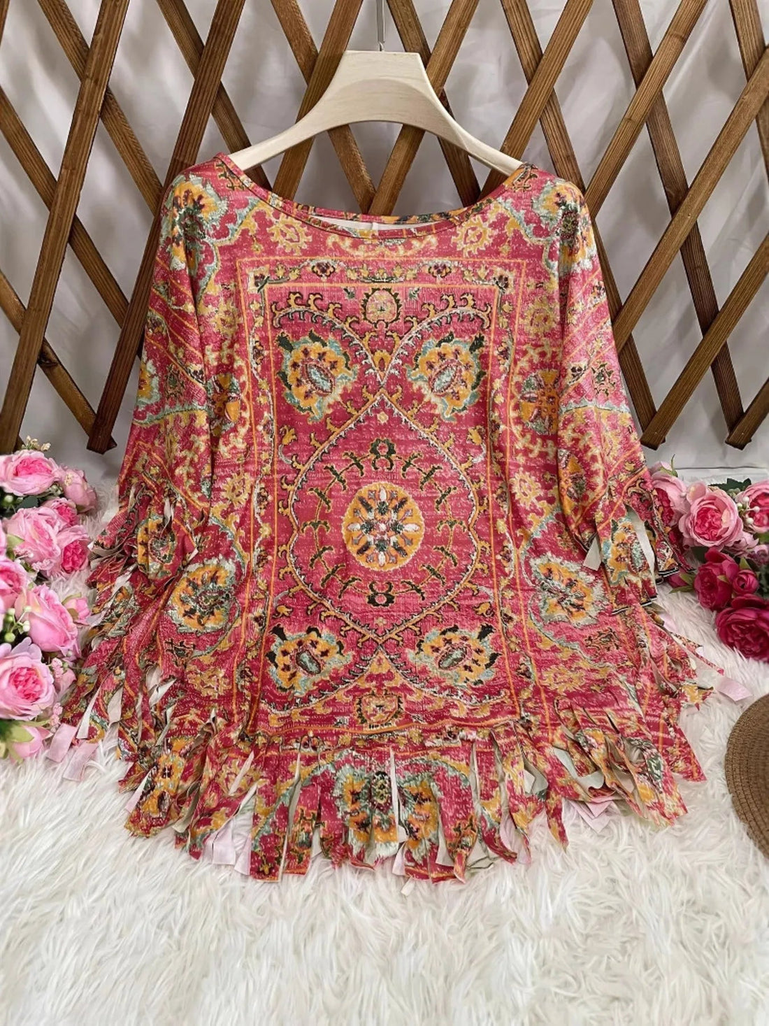 Plus Size Fringe Round Neck Cover Up - Lookzlike
