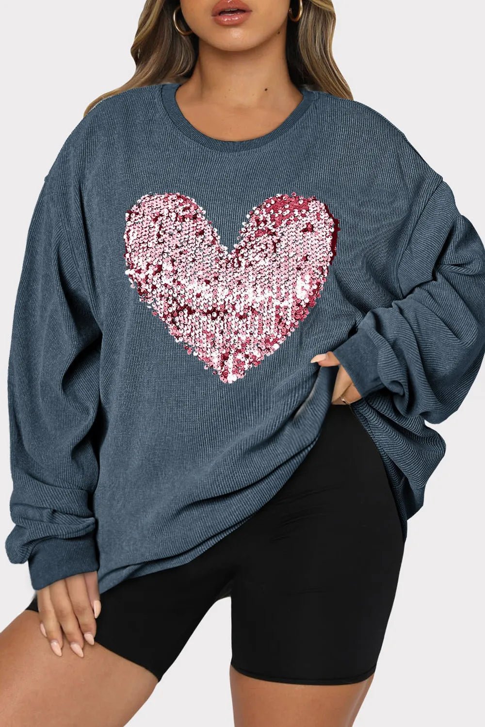 Plus Size Heart Sequin Round Neck Sweatshirt - Lookzlike
