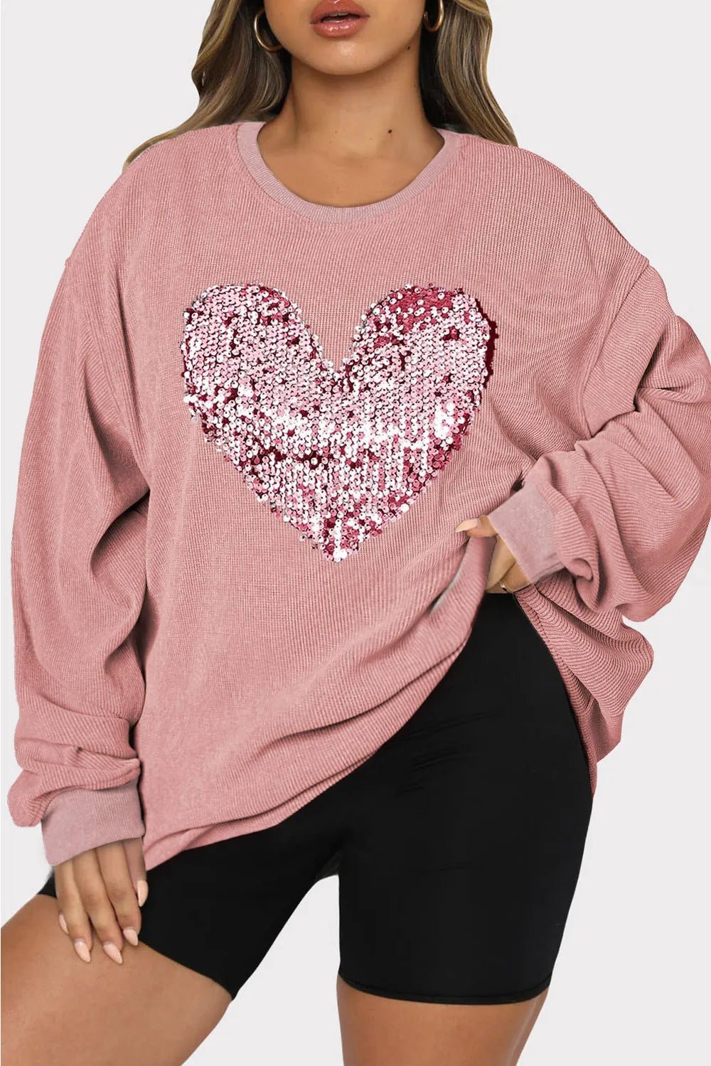 Plus Size Heart Sequin Round Neck Sweatshirt - Lookzlike
