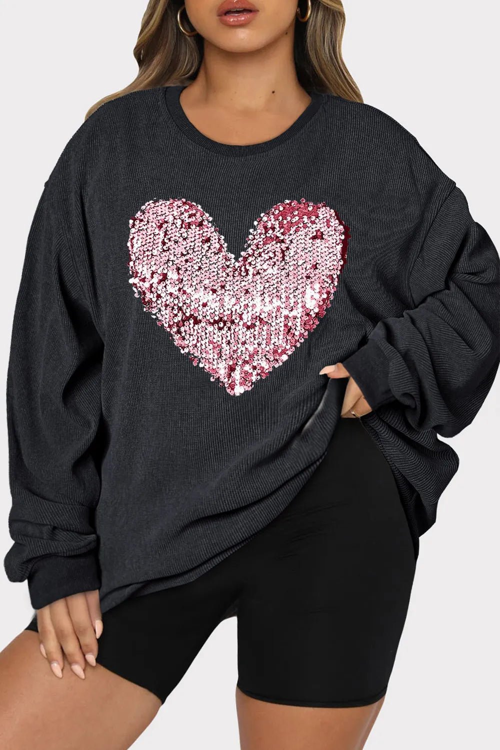Plus Size Heart Sequin Round Neck Sweatshirt - Lookzlike