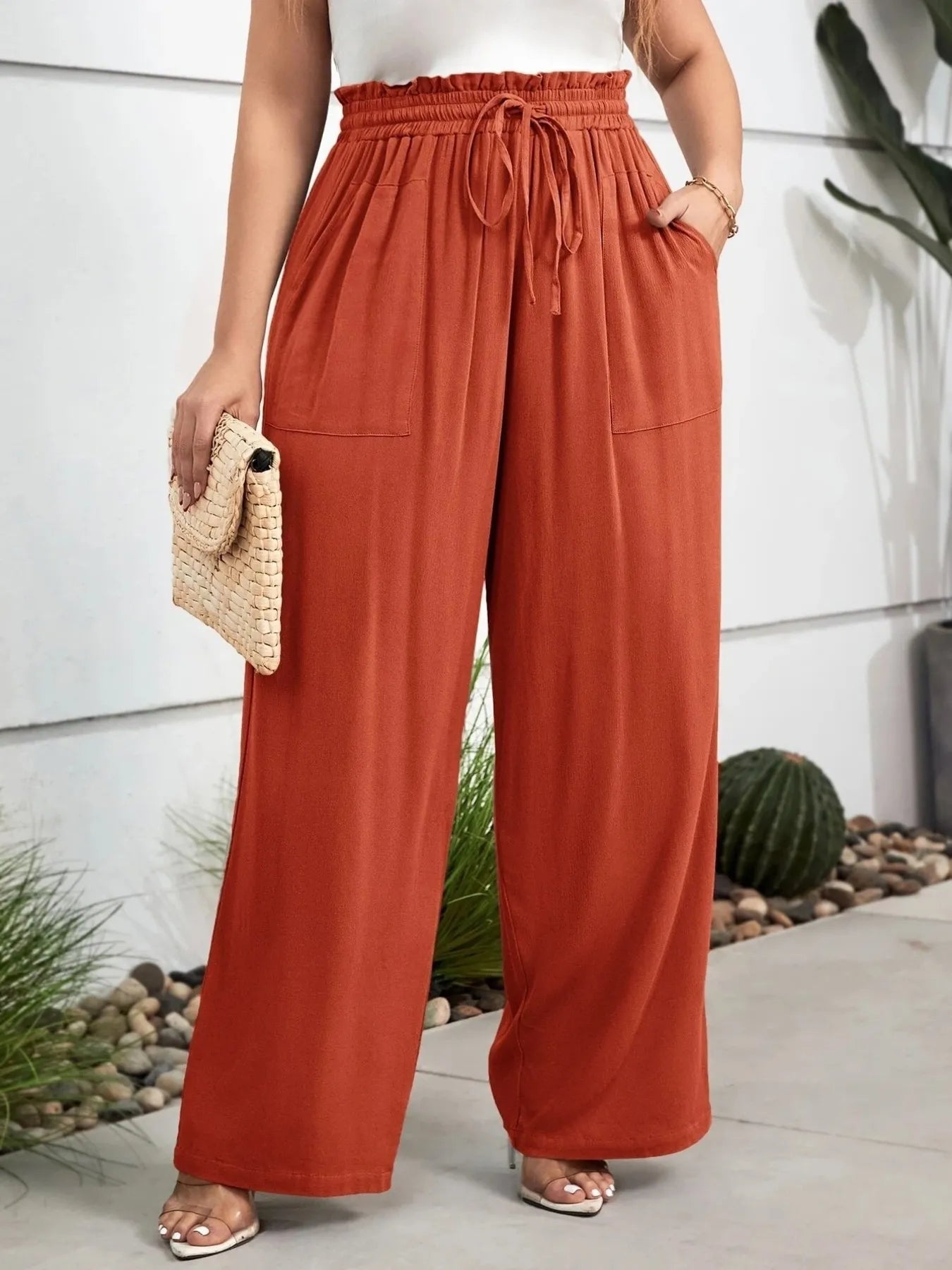 Plus Size High Waist Wide Leg Drawstring Pants - Lookzlike