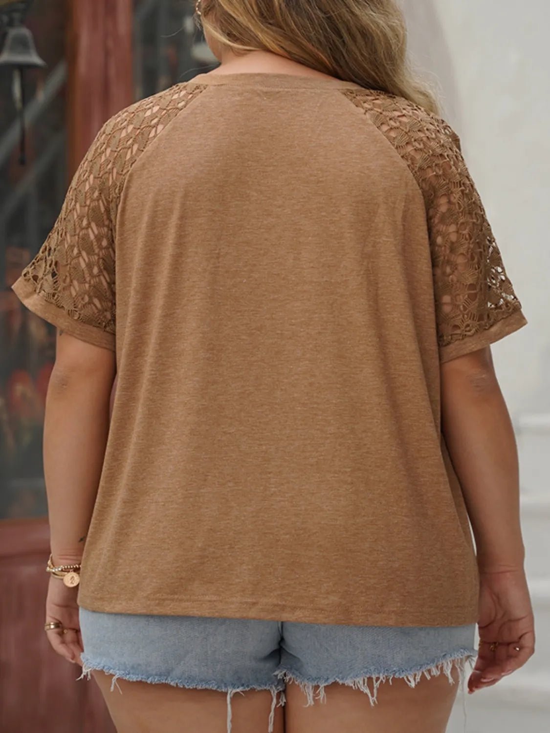Plus Size Lace Round Neck Short Sleeve T-Shirt - Lookzlike