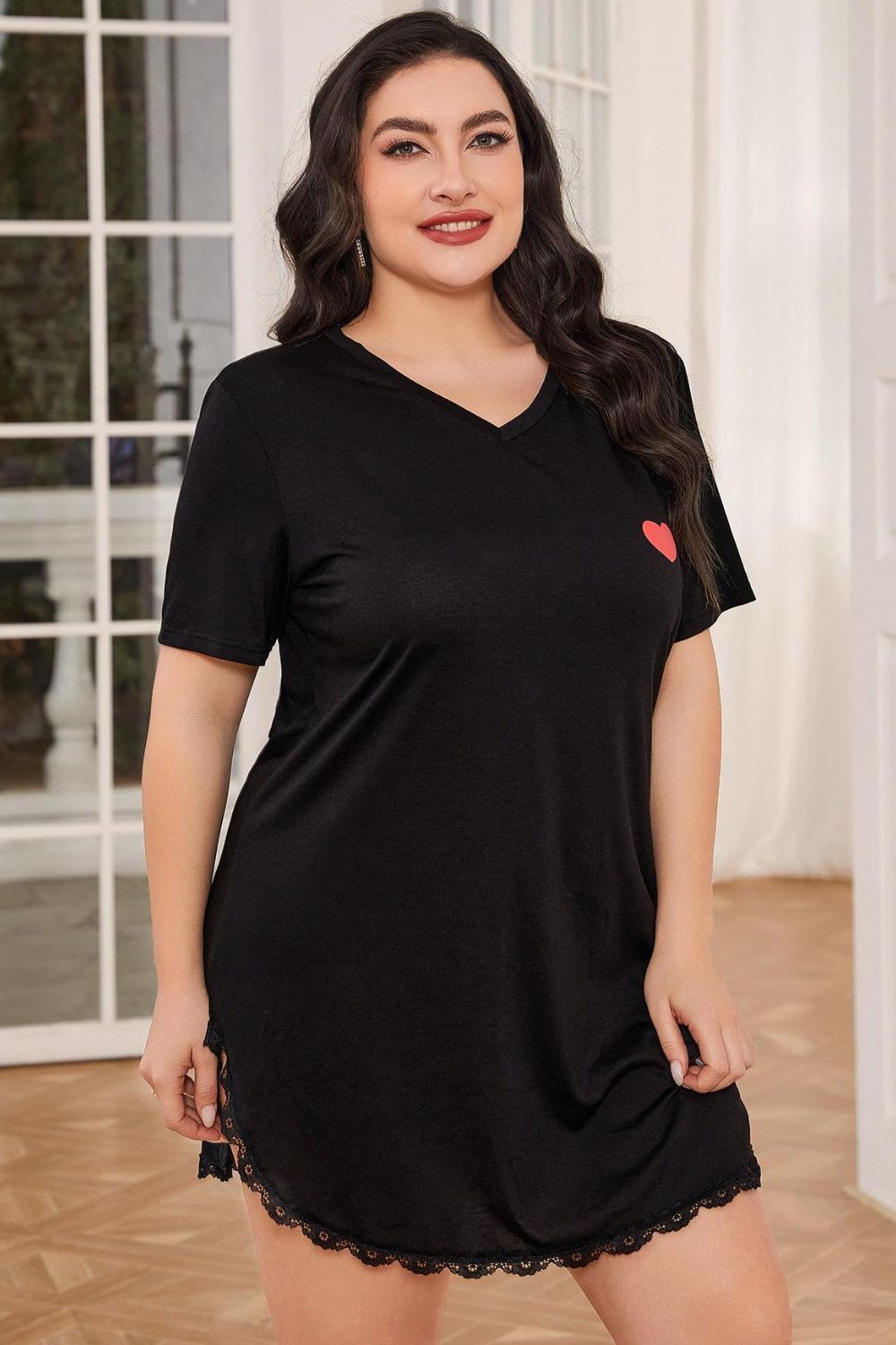 Plus Size Lace Trim V-Neck Short Sleeve Night Dress - Lookzlike