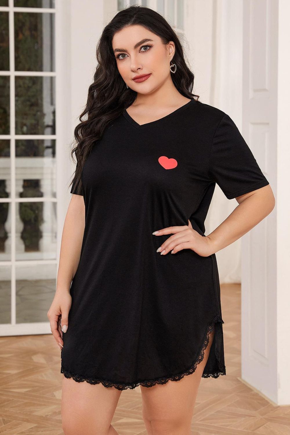 Plus Size Lace Trim V-Neck Short Sleeve Night Dress - Lookzlike