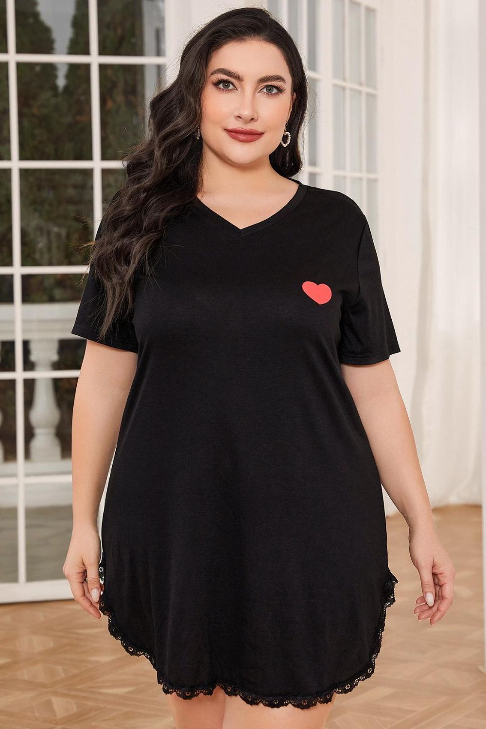 Plus Size Lace Trim V-Neck Short Sleeve Night Dress - Lookzlike