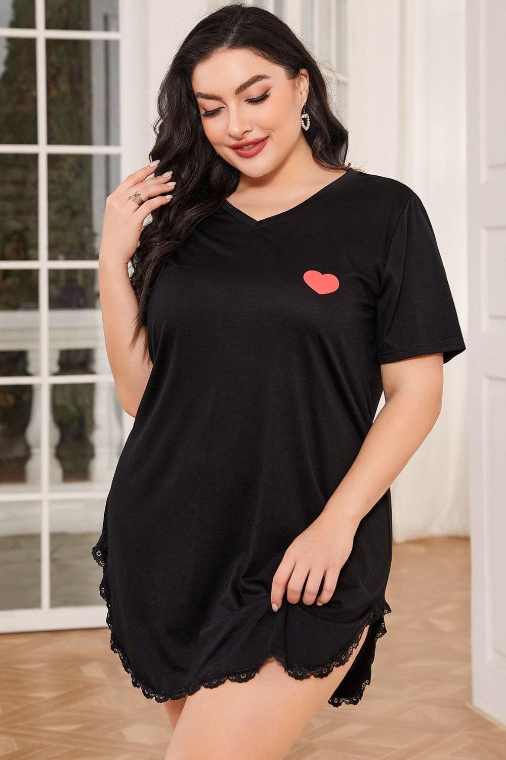 Plus Size Lace Trim V-Neck Short Sleeve Night Dress - Lookzlike