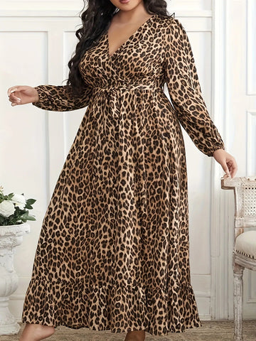 Plus Size Leopard Print Surplice Maxi Dress - Lookzlike