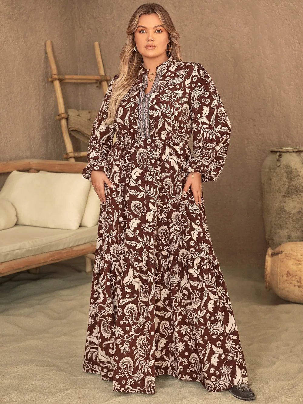 Plus Size Notched Balloon Sleeve Printed Maxi Dress - Lookzlike
