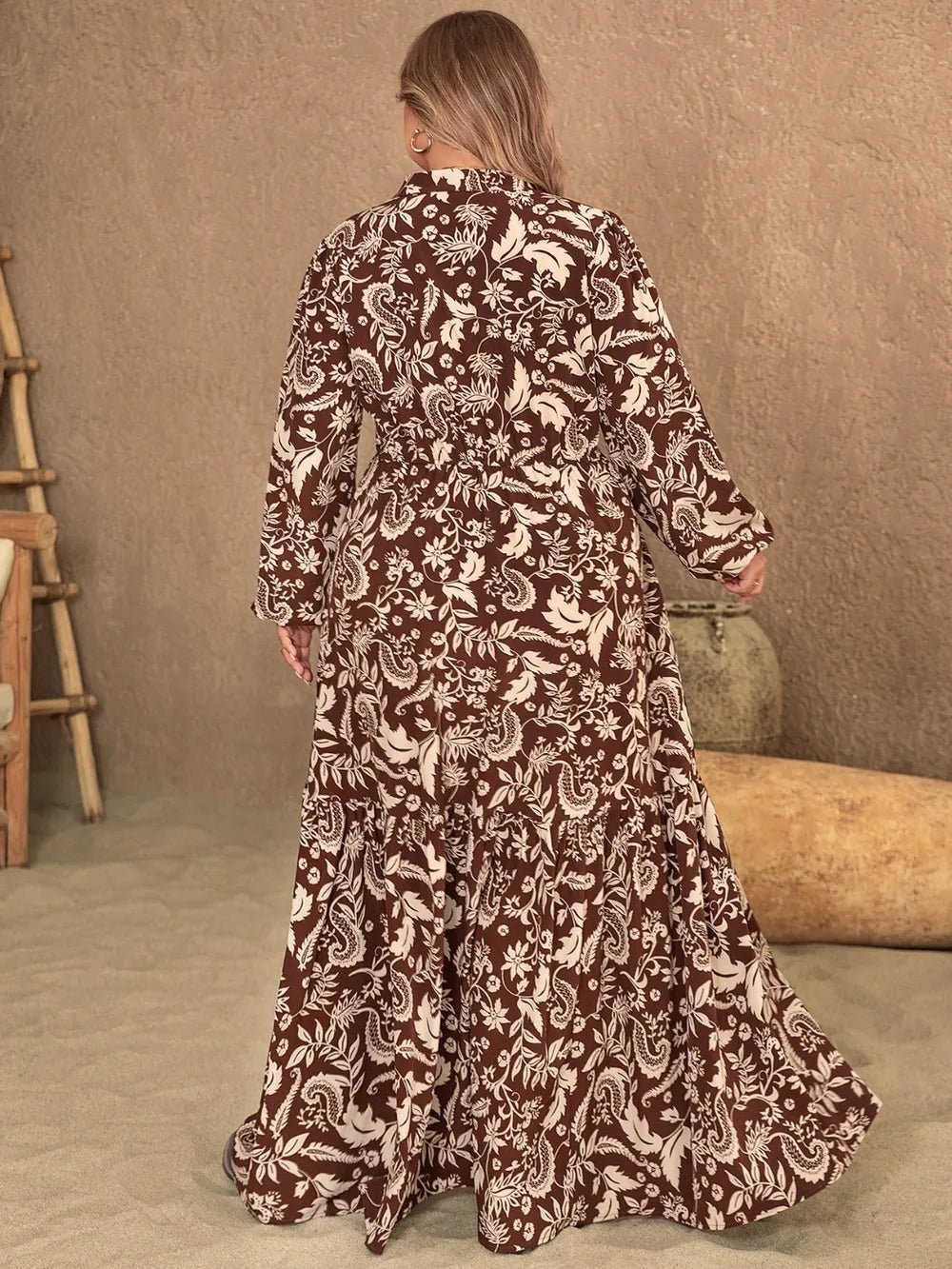 Plus Size Notched Balloon Sleeve Printed Maxi Dress - Lookzlike