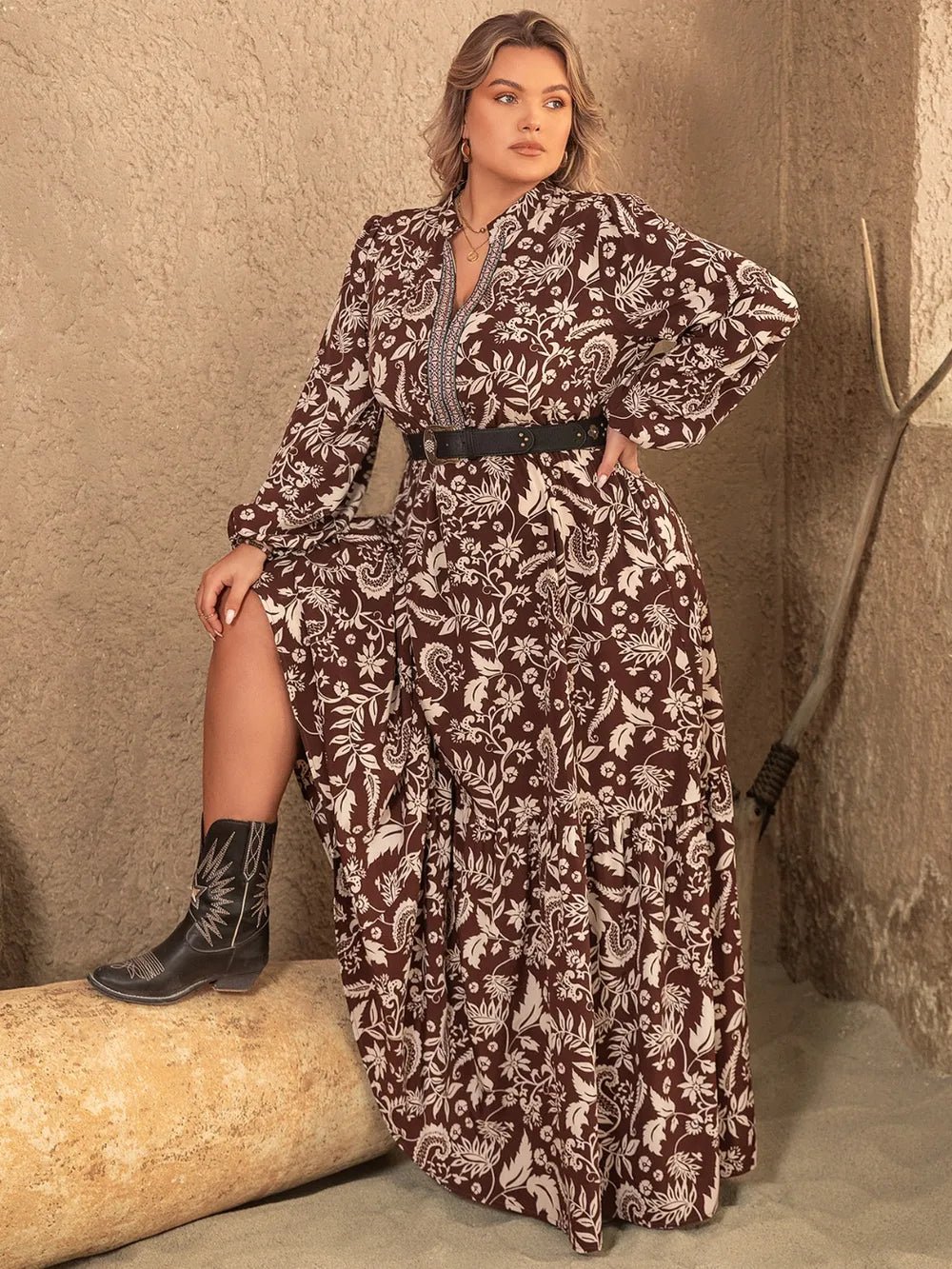 Plus Size Notched Balloon Sleeve Printed Maxi Dress - Lookzlike