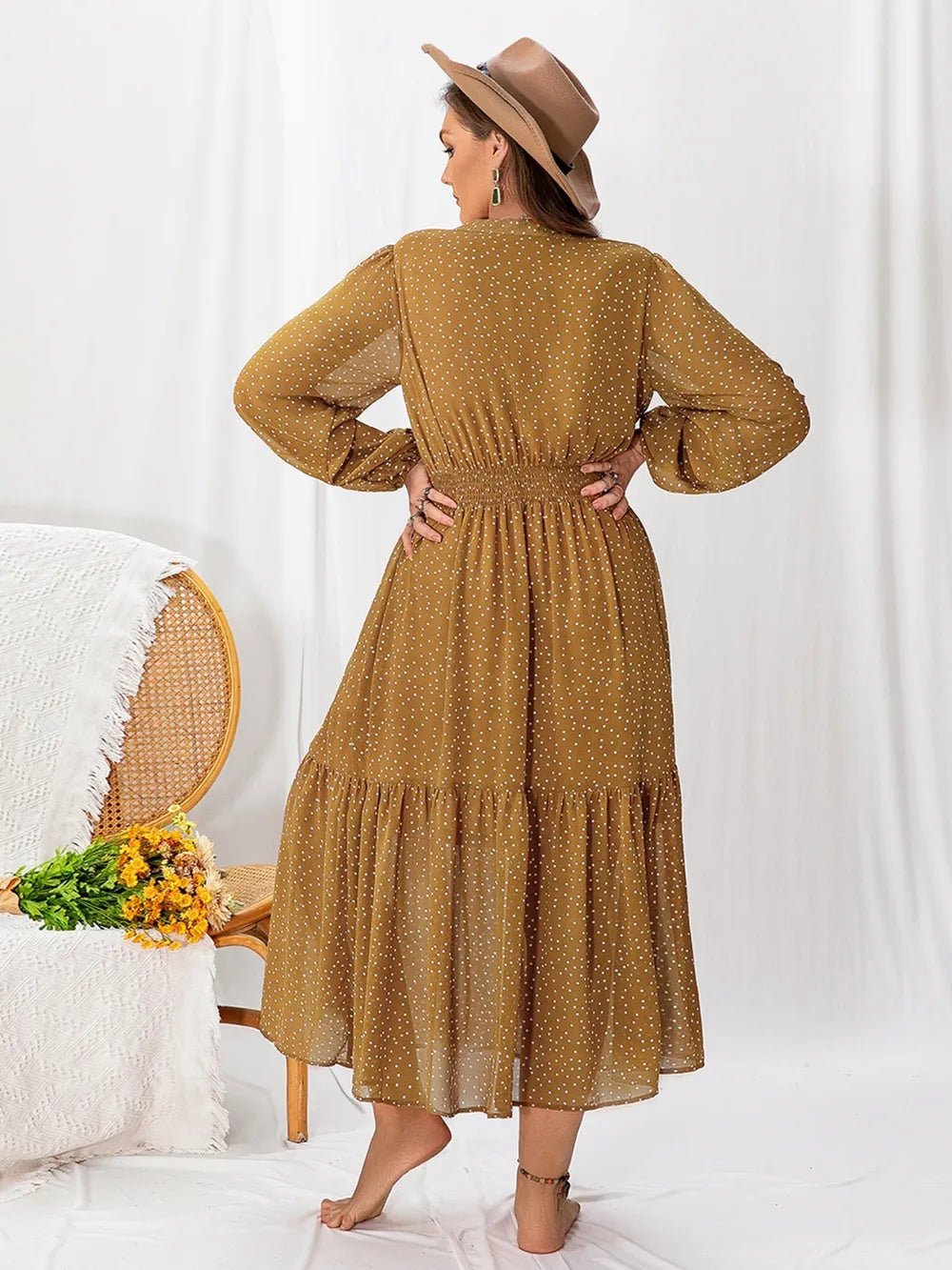 Plus Size Polka Dot Tie Neck Balloon Sleeve Maxi Dress - Lookzlike