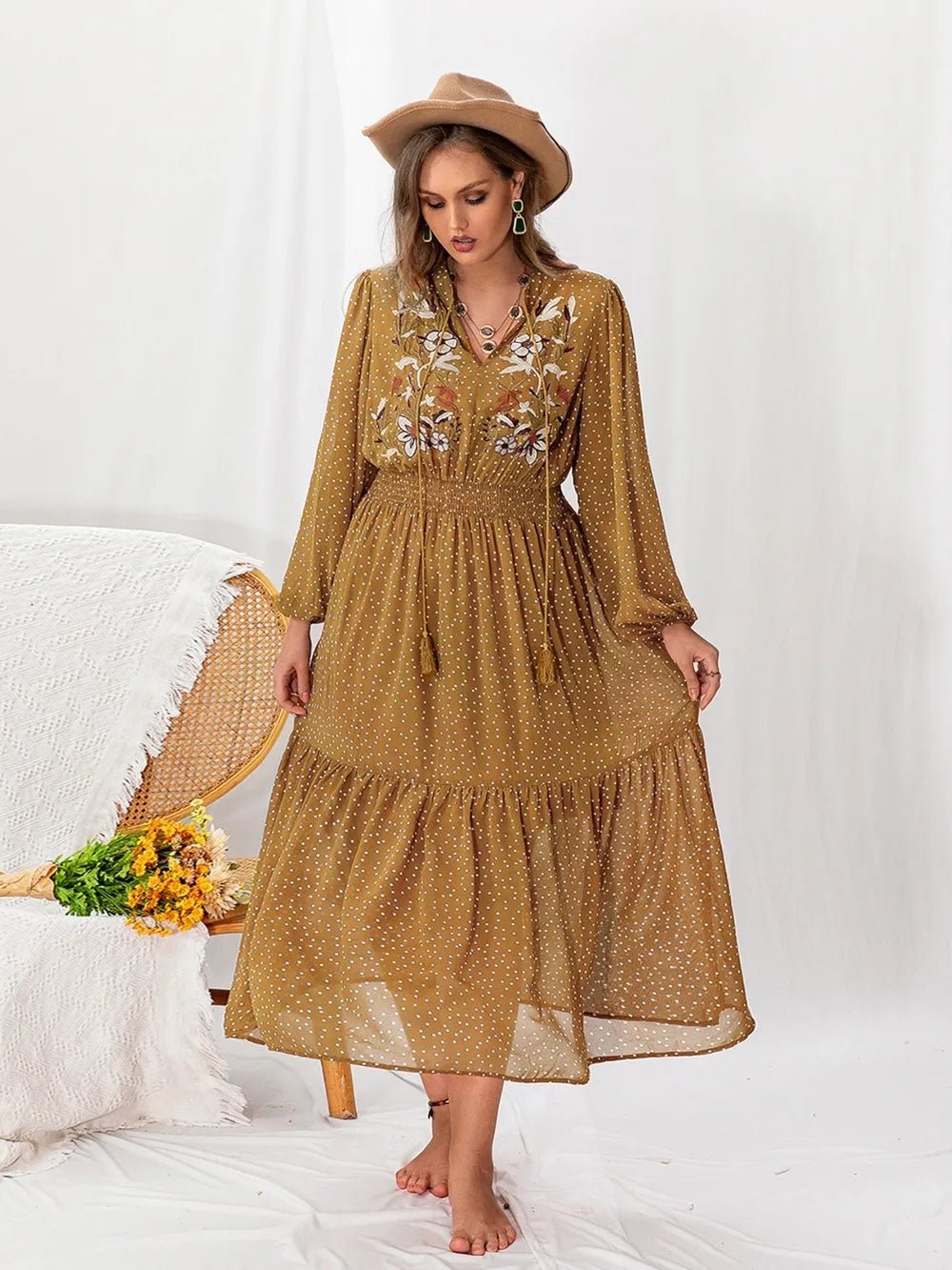 Plus Size Polka Dot Tie Neck Balloon Sleeve Maxi Dress - Lookzlike