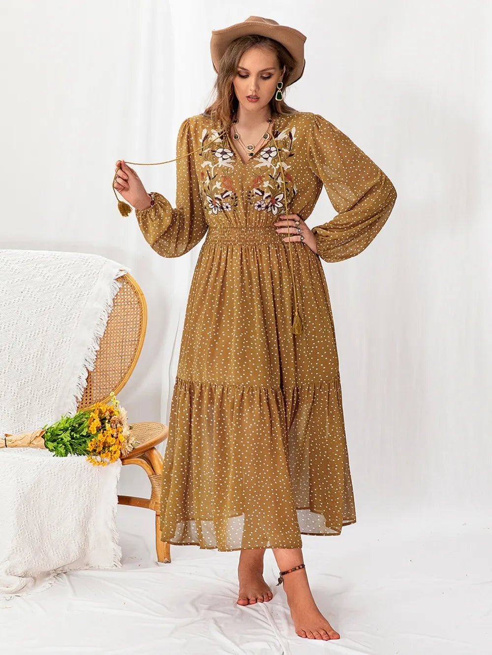 Plus Size Polka Dot Tie Neck Balloon Sleeve Maxi Dress - Lookzlike