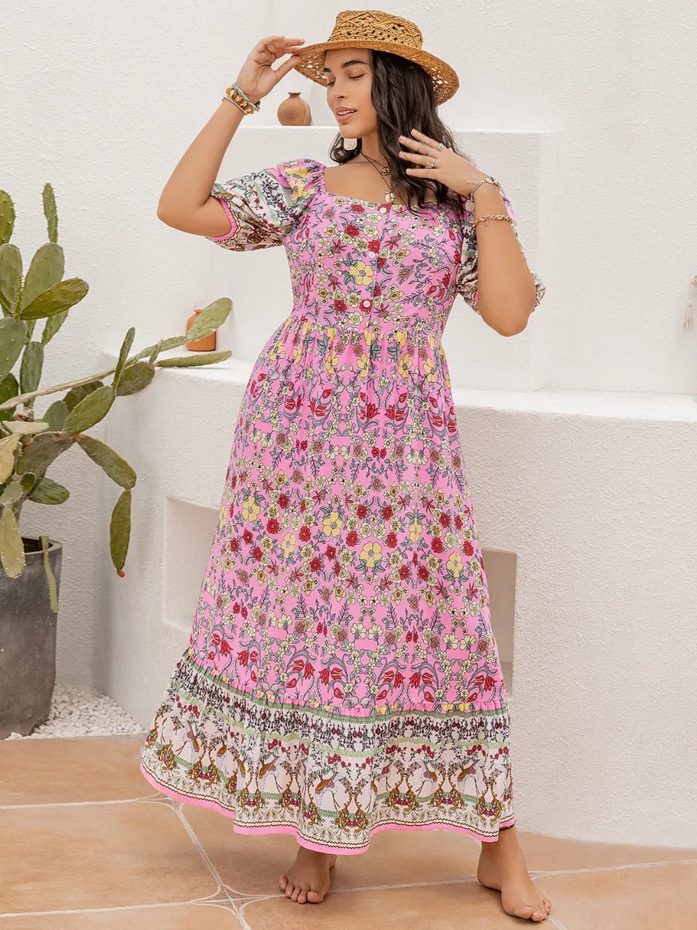 Plus Size Printed Square Neck Ruffle Hem Dress - Lookzlike