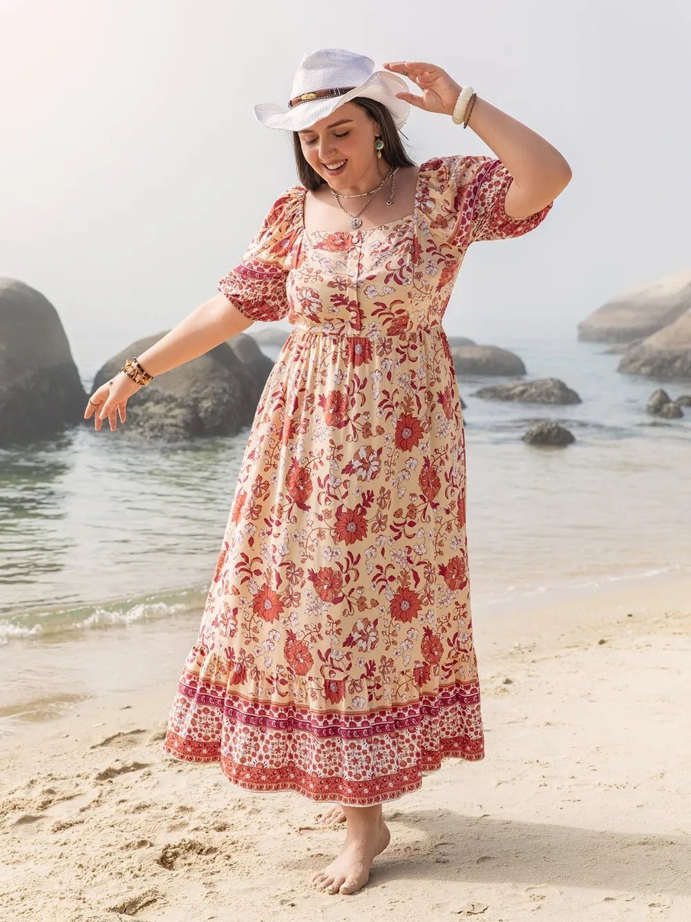 Plus Size Printed Square Neck Ruffle Hem Dress - Lookzlike