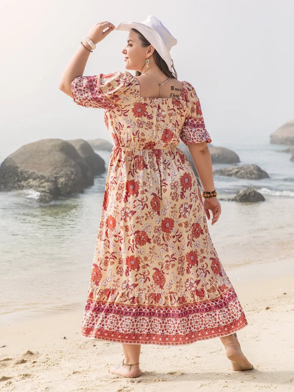 Plus Size Printed Square Neck Ruffle Hem Dress - Lookzlike