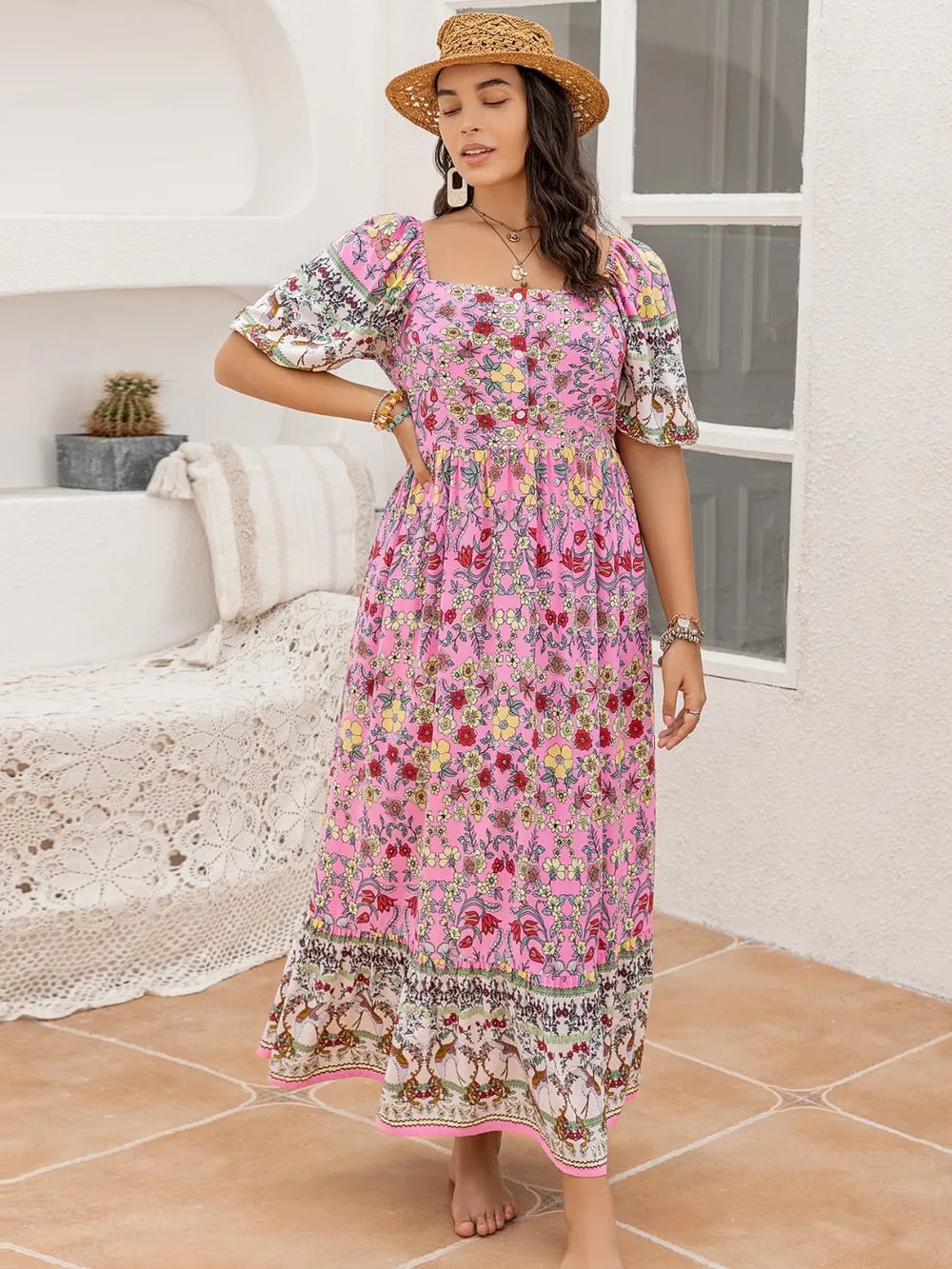 Plus Size Printed Square Neck Ruffle Hem Dress - Lookzlike