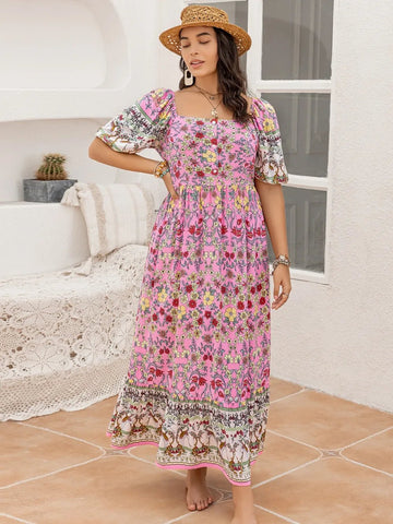 Plus Size Printed Square Neck Ruffle Hem Dress - Lookzlike