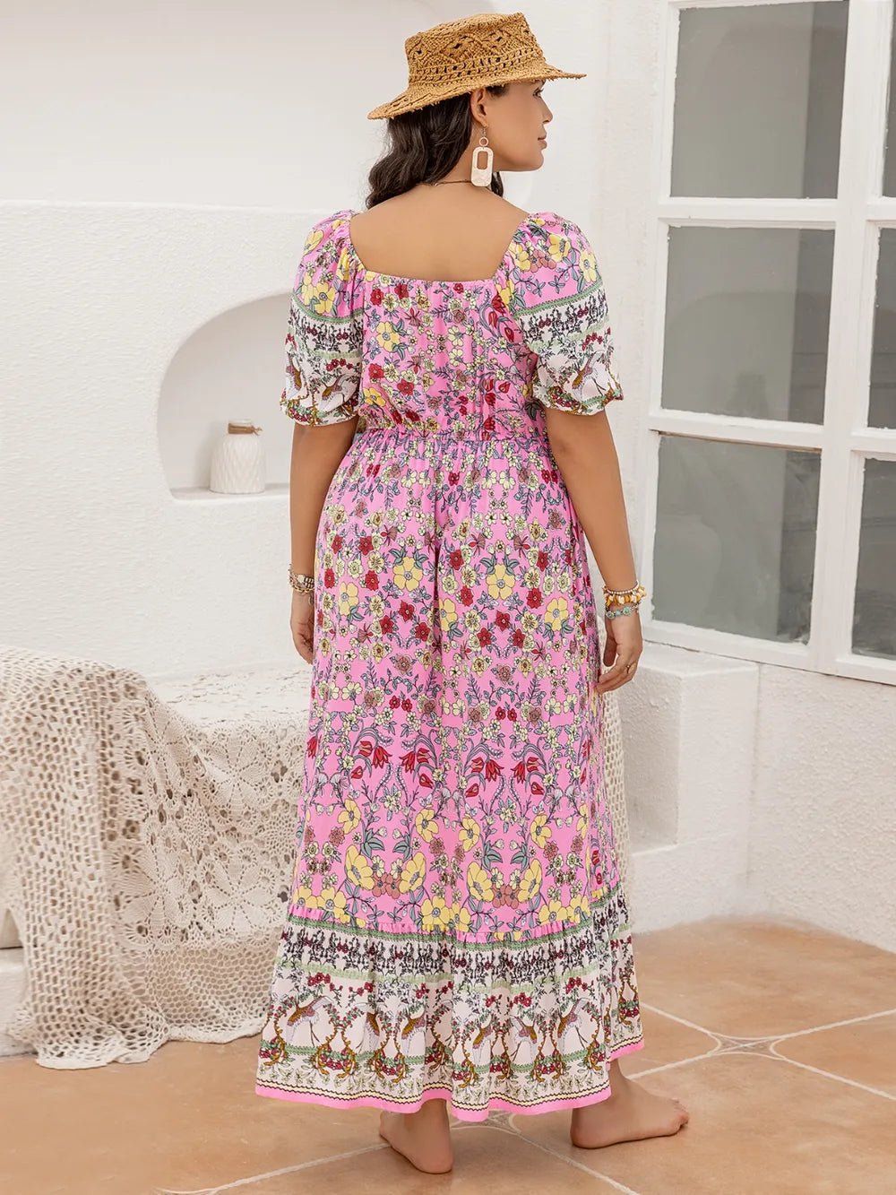 Plus Size Printed Square Neck Ruffle Hem Dress - Lookzlike