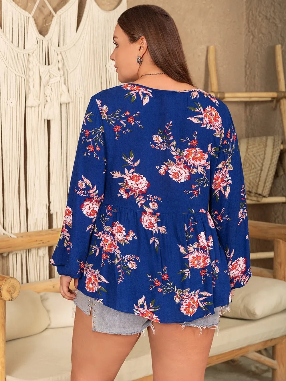 Plus Size Printed Tie Neck Balloon Sleeve Blouse - Lookzlike