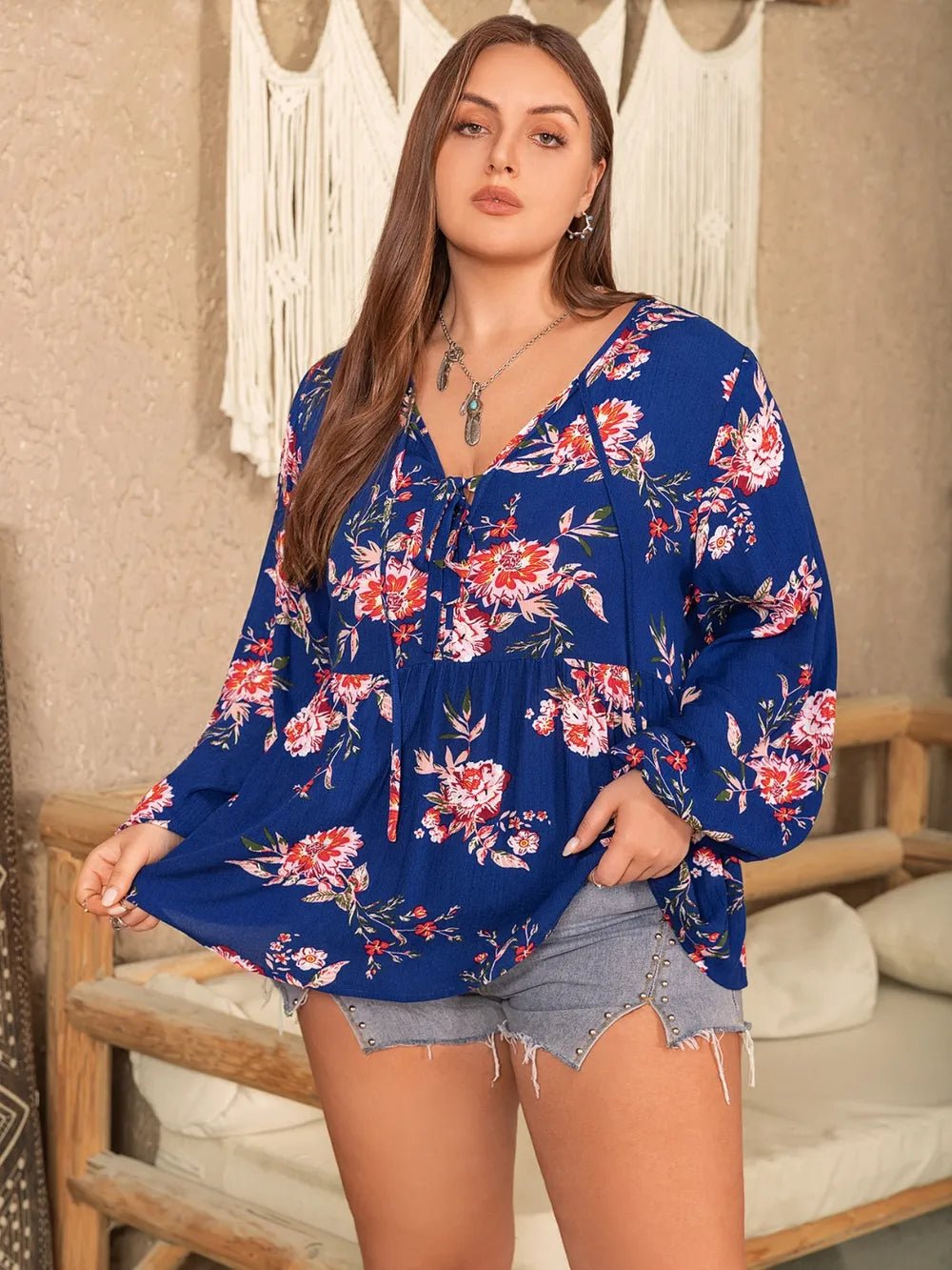 Plus Size Printed Tie Neck Balloon Sleeve Blouse - Lookzlike