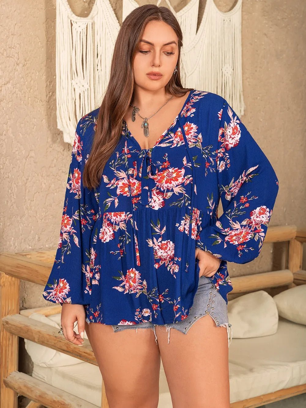 Plus Size Printed Tie Neck Balloon Sleeve Blouse - Lookzlike