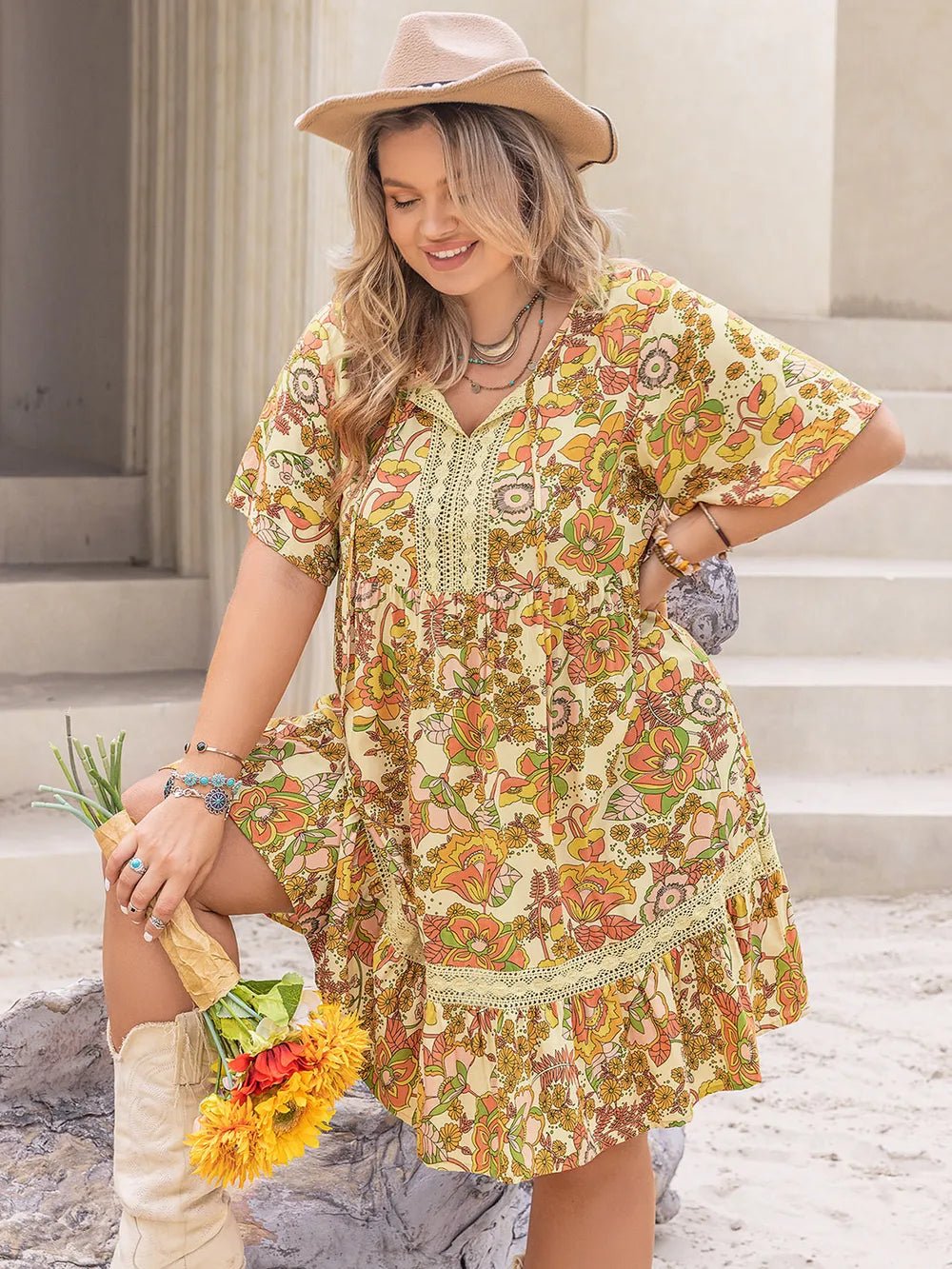 Plus Size Printed Tie Neck Short Sleeve Mini Dress - Lookzlike