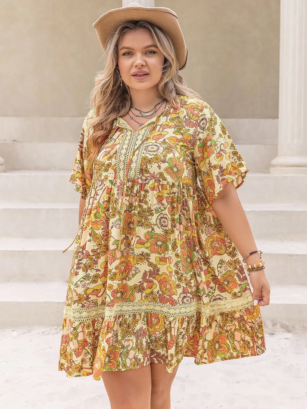 Plus Size Printed Tie Neck Short Sleeve Mini Dress - Lookzlike
