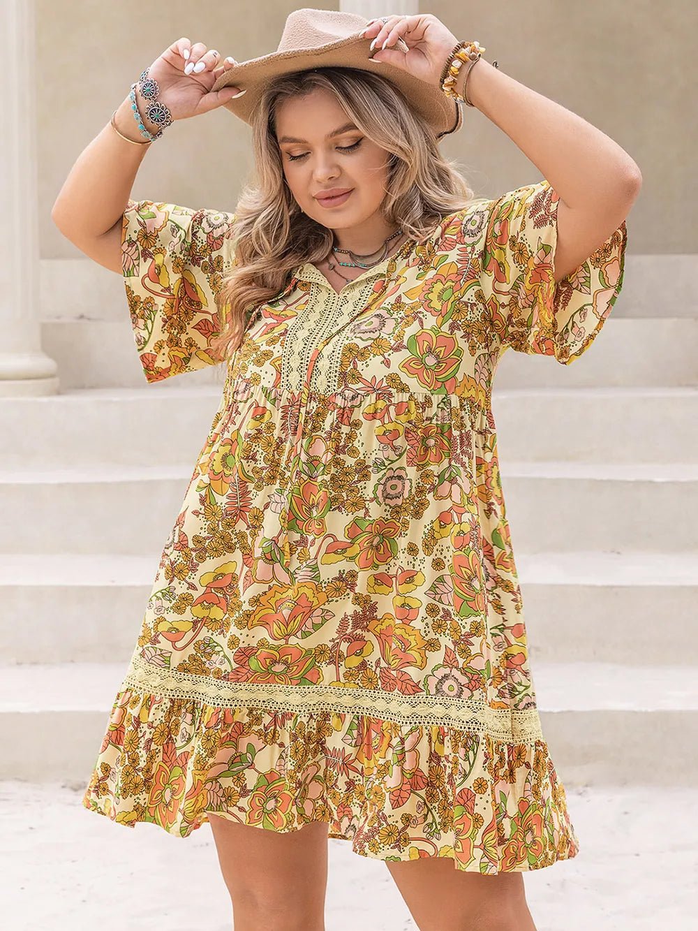 Plus Size Printed Tie Neck Short Sleeve Mini Dress - Lookzlike